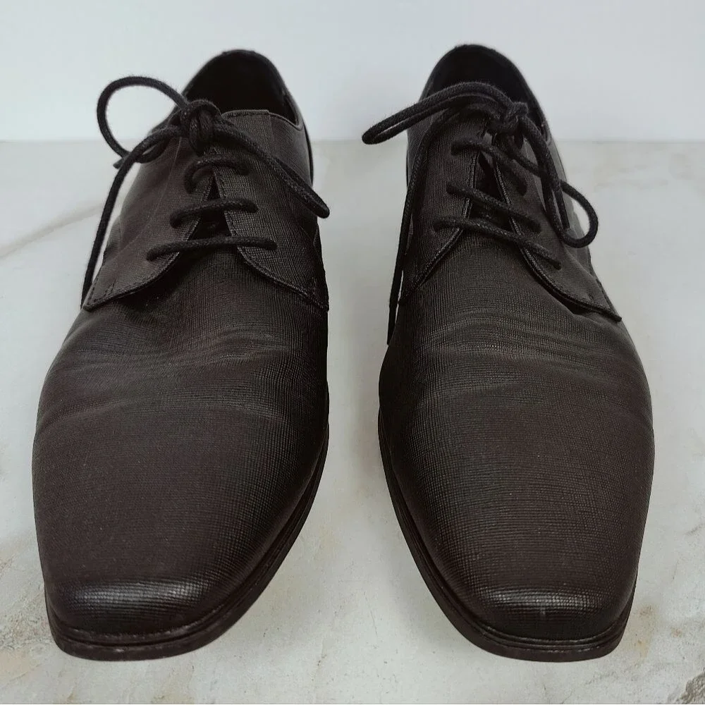 Calvin Klein Men's Benton Black Faux Leather Weave Oxford Dress Shoes, 10